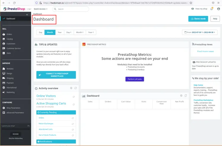 prestashop admin dashboard