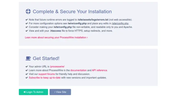 ProcessWire installation complete