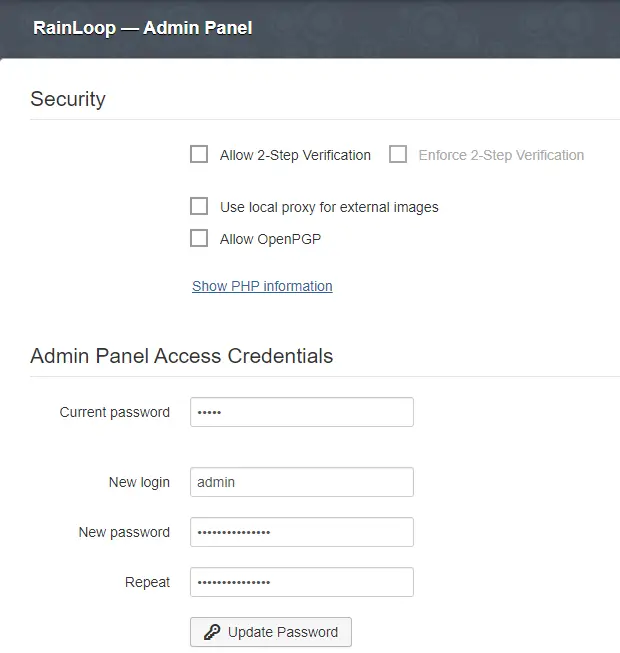 Rainloop Change Password Screen