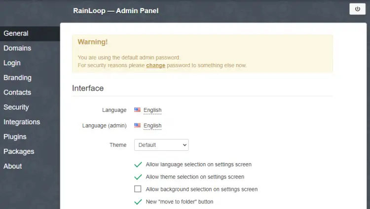 Rainloop Administrator Password Warning