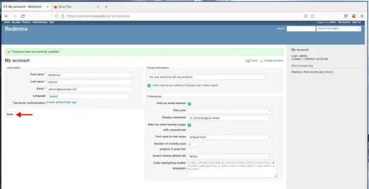 Setup admin account details