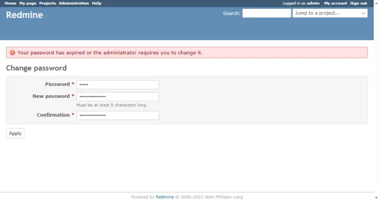 Redmine Password Expire Screen