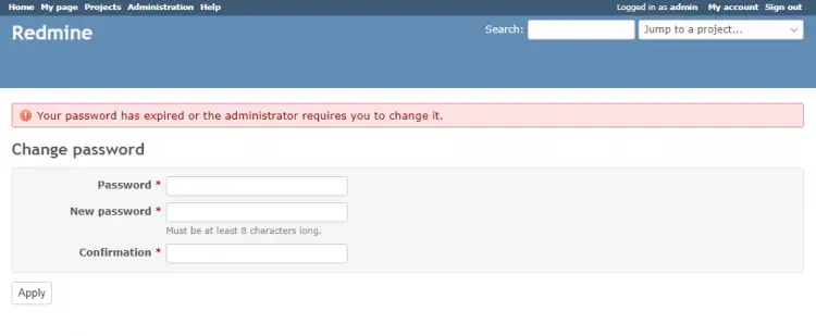 Redmine Password Expire Screen