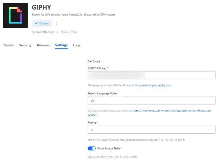 Rocket Chat Giphy App Settings