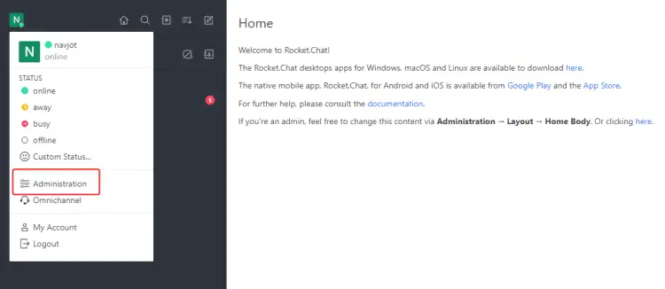 Rocket Chat Profile Menu