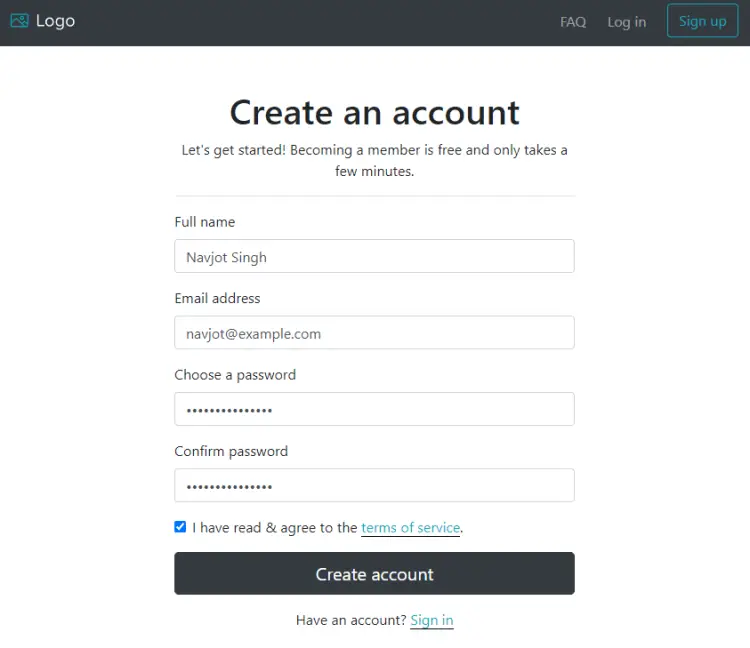 Sails App Create account page