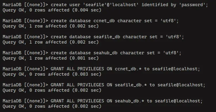 create database and user