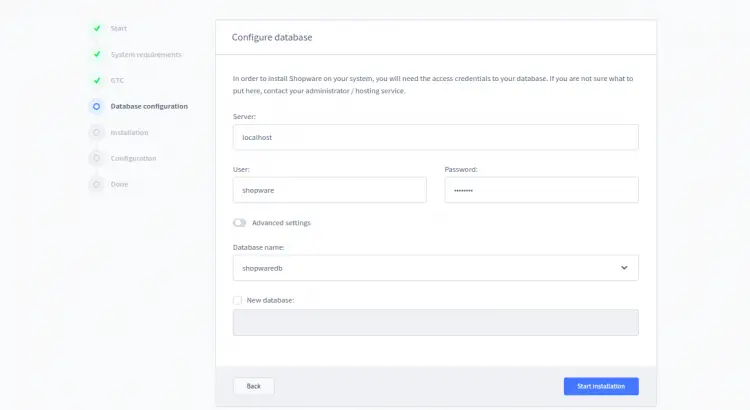 Configure Shopware database