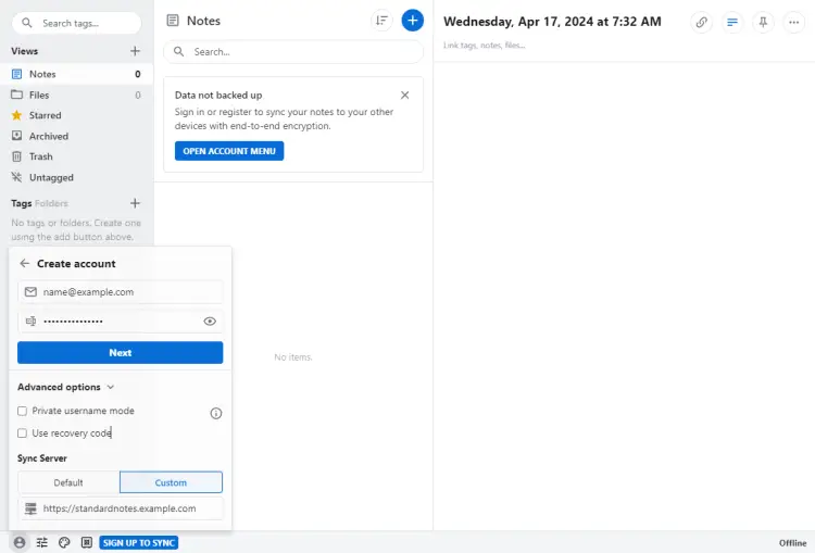 Standard Notes Create Account