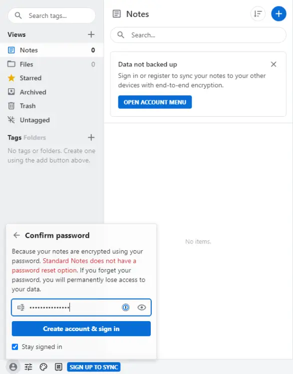 Standard Notes Web App Confirm Password