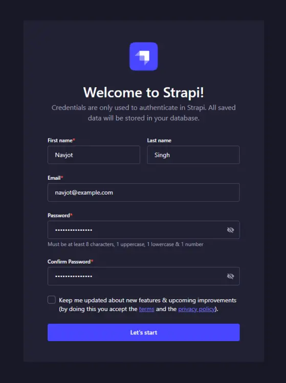 Strapi Admin User Create Page