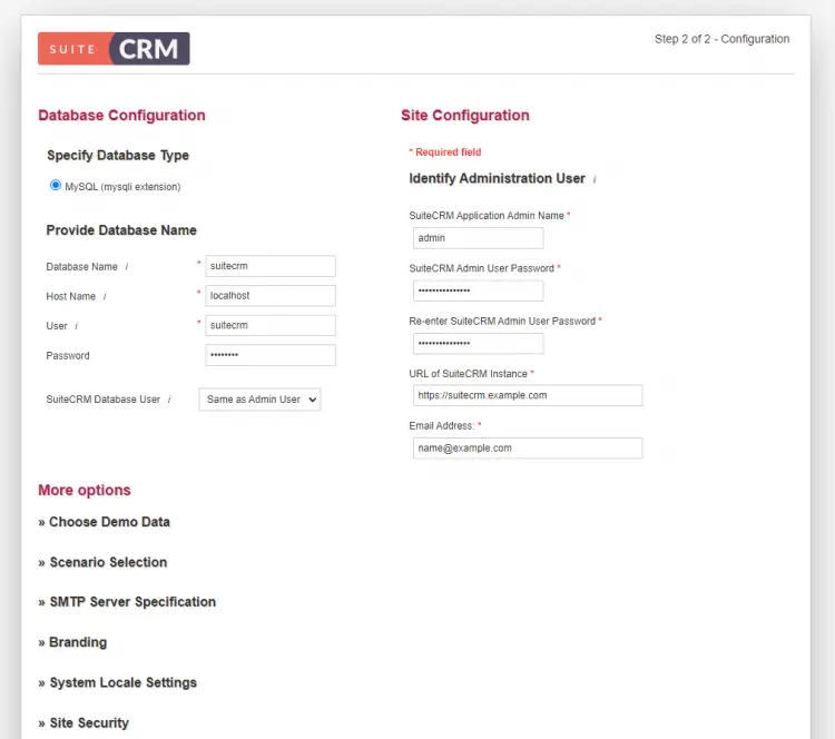 SuiteCRM Configuration Page