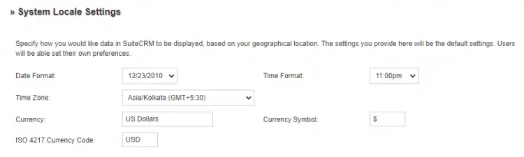 SuiteCRM Locale Settings