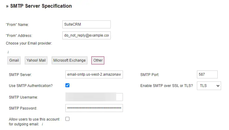SuiteCRM SMTP Server Settings