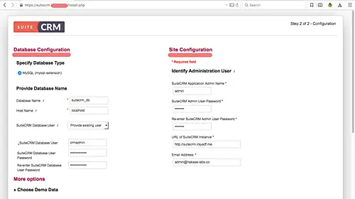 Database and site configuration