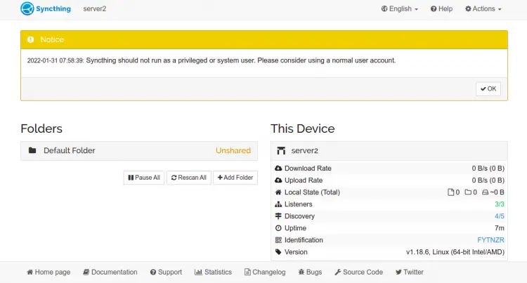 Syncthing dashboard