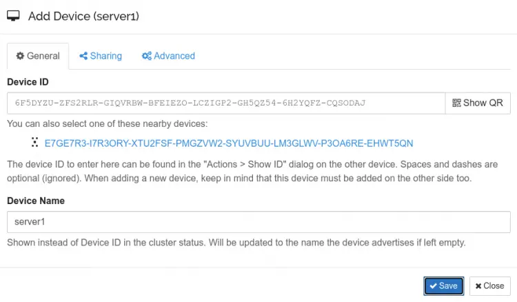 Add device on server 1