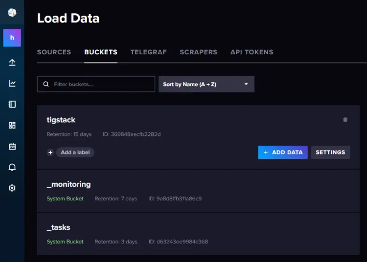 InfluxDB Buckets Page