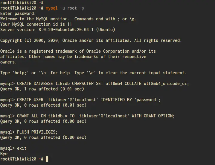 Create New Database and user for TikiWiki Installation
