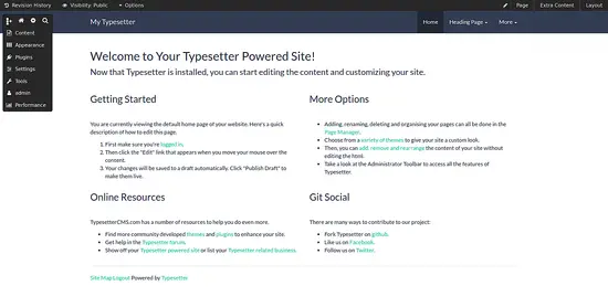 Typesetter CMS installed- Login to Dashboard