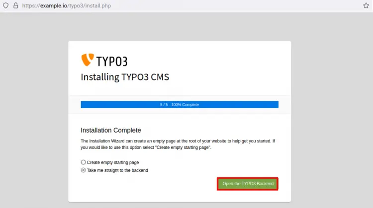 Installation completed TYPO3 CMS