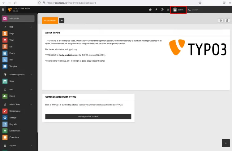 Typo3 CMS admin dashboard