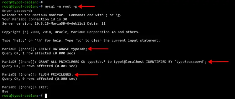 Create MariaDB database and user TYPO3