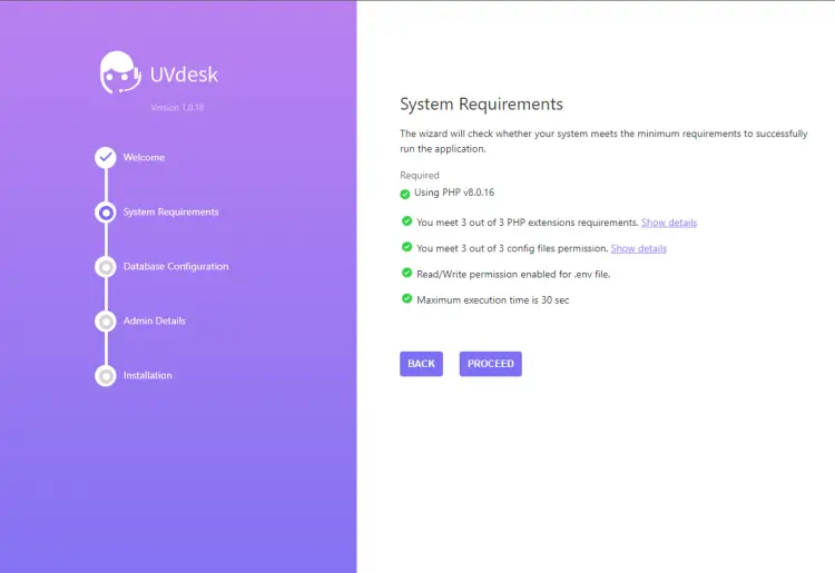 UVdesk System Requirements Screen
