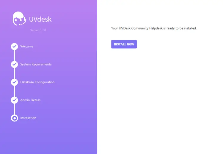 UVDesk Install Now Screen