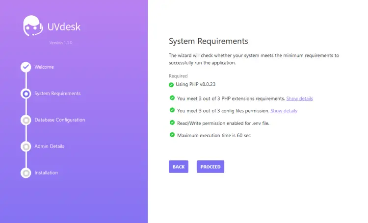 UVDesk System Requirements Screen