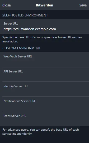 Bitwarden Login Settings Screen