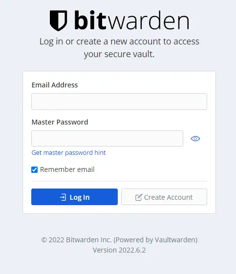 Vaultwarden Login Page