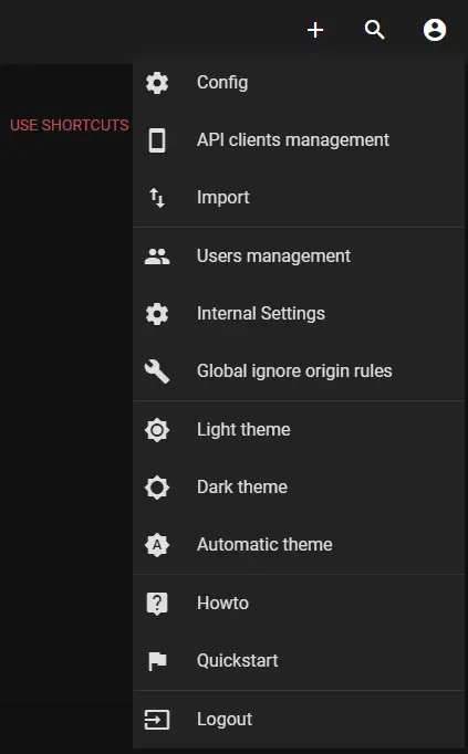 Wallabag User dropdown menu