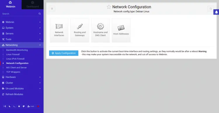 webmin network configuration