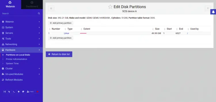 Use Webmin to partition disks