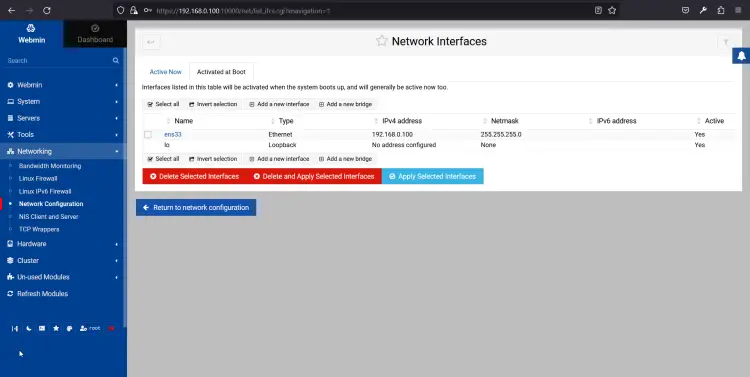 Webmin Network configuration