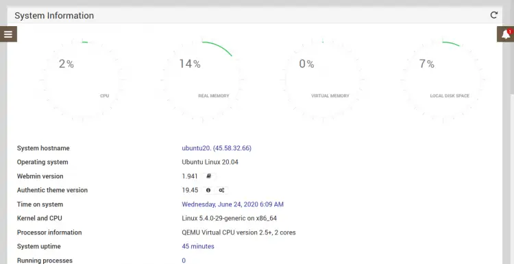 webmin system dashboard