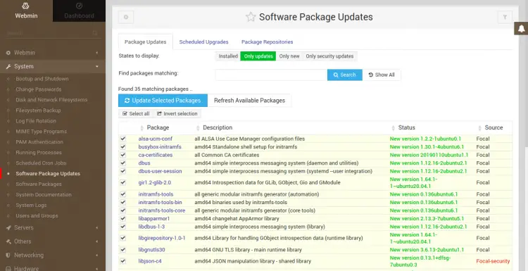 Update Ubuntu packages with Webmin