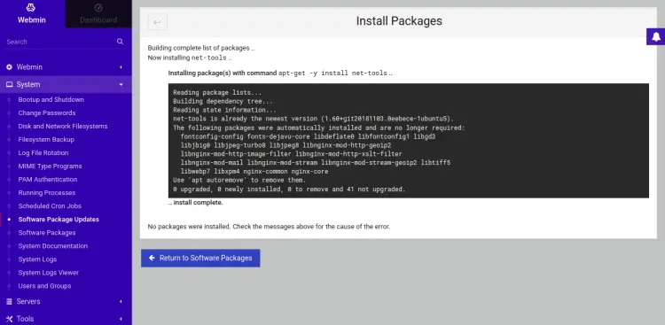 Linux package installation with Webmin