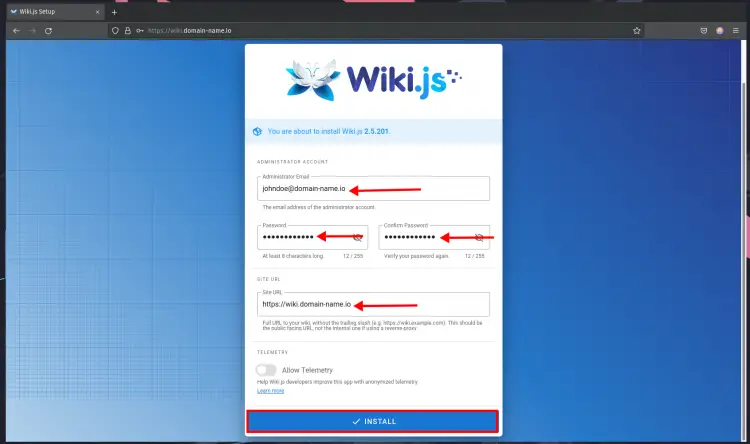 Wiki.js create admin account and set up site-url