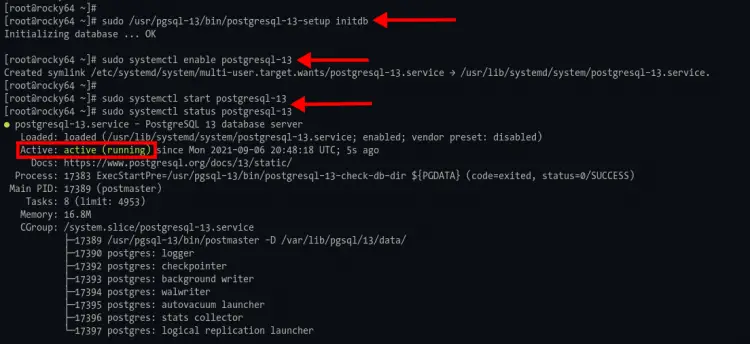 Initialize PostgreSQL and start PostgreSQL service