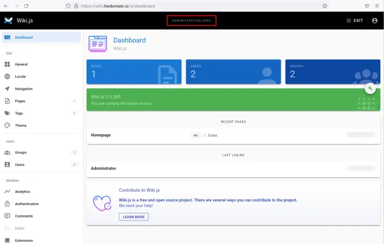 wiki.js admin dashboard