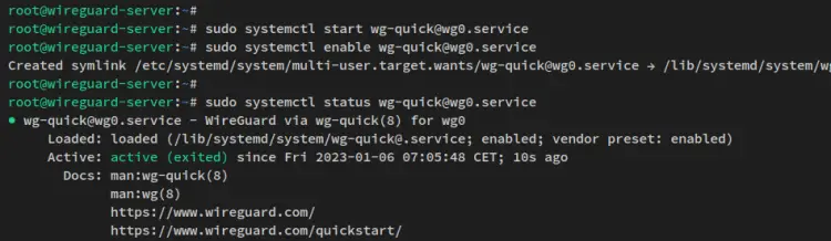 start enable verify wireguard server