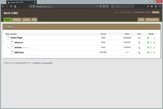 Wolf CMS Dashboard