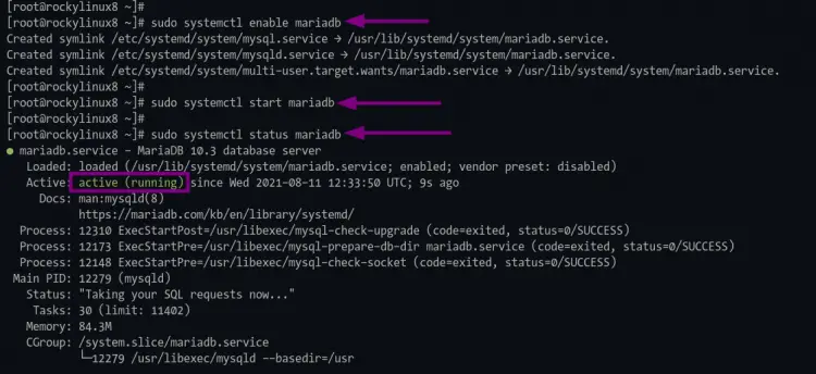 Start enable and cehck MariaDB service stats