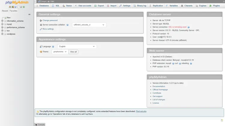 phpMyAdmin Dashboard