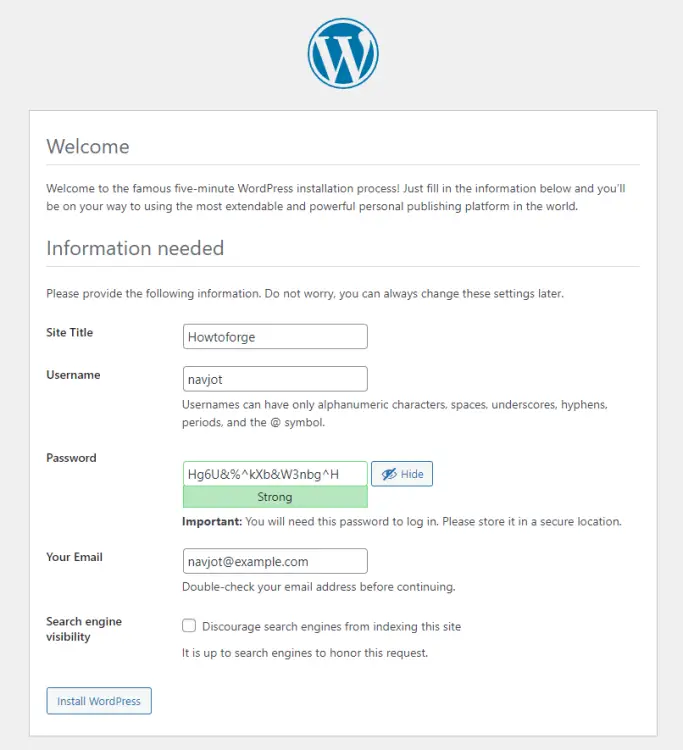 WordPress Installer Site Details