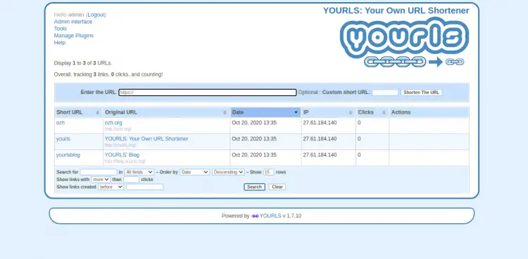 YOURLS admin dashboard