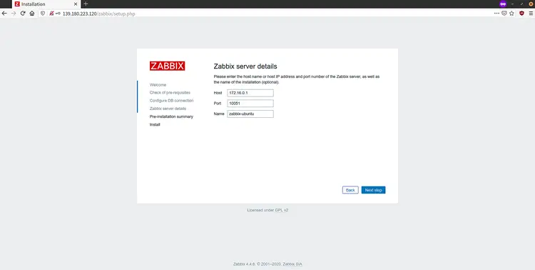 Zabbix database server details