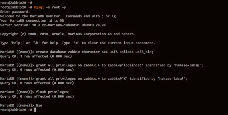 Create New Database and User for Zabbix